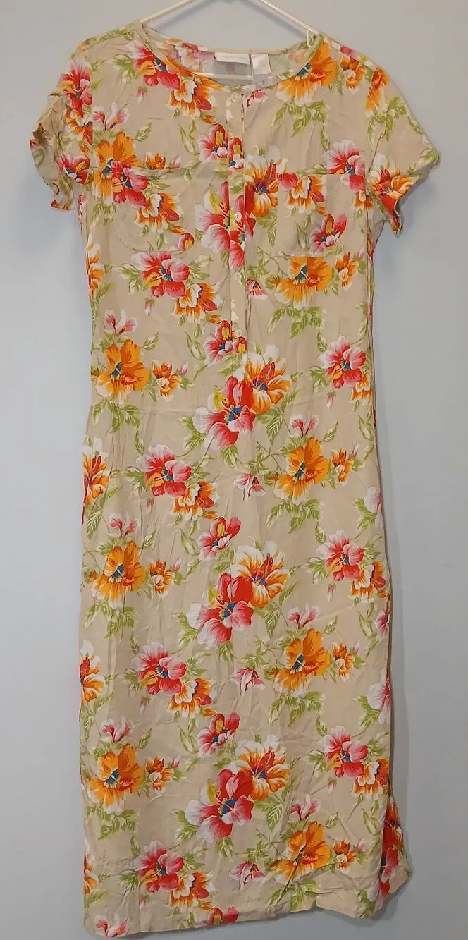 Vtg y2k Liz womens size 12 maxi dress Hawaiian floral Coastal tan green rayon